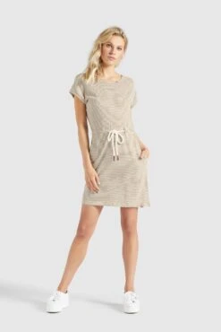 Khujo Jerseyjurken Jurk ANNEMARIE Dames Beige / Wit -Khujo Winkel 9d3dc3f9ca62a0f03ce6a769e00792c2